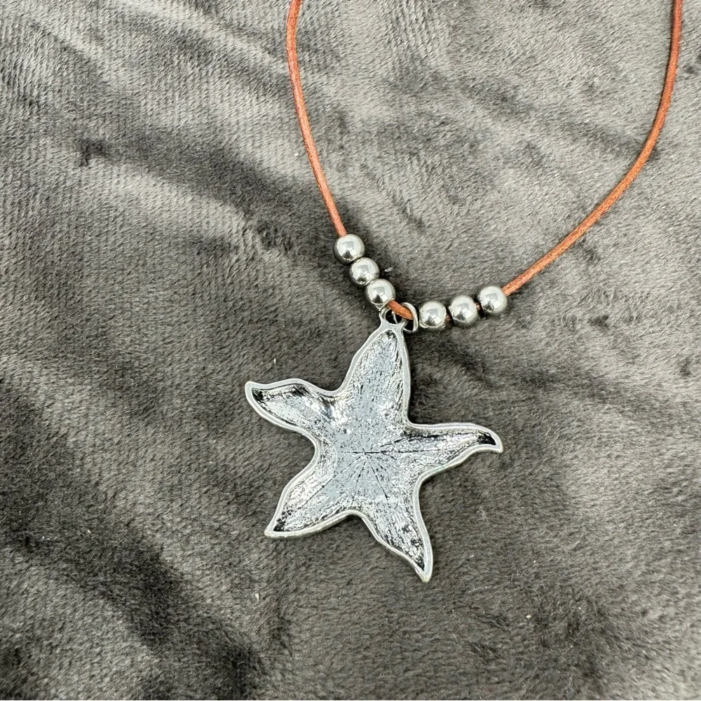 Petit Moments Cord Beaded Necklace with Hammered Starfish Pendant In Silver